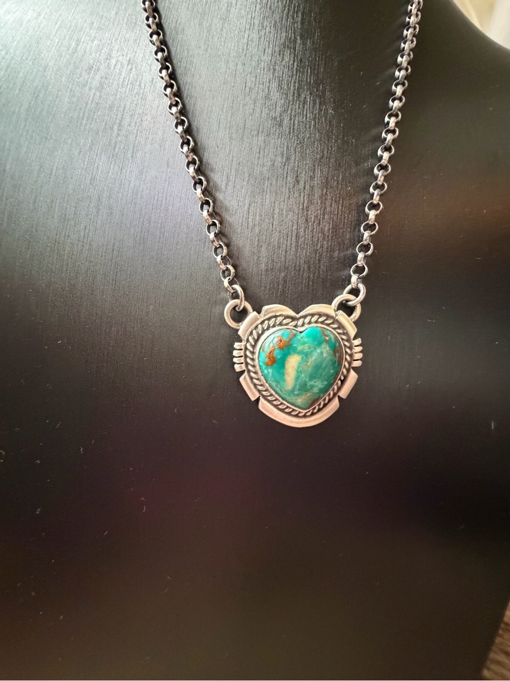 Jon McCray Navajo Handmade Sterling Silver Heart Turquoise Pendant Necklace - Picture 8 of 12